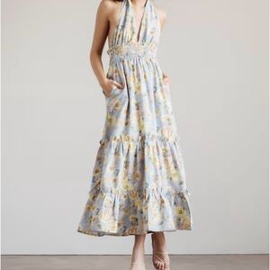 LEXI FLORAL HALTER MIDI DRESS - BLUE MULTI